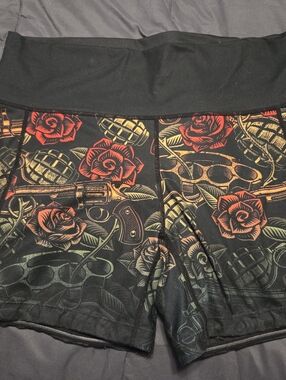 CVG XL 5" Black Active Shorts with Red & Gold Rose and Grenade Print